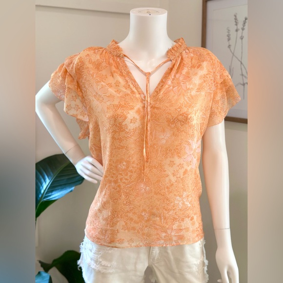 House of Harlow 1960 Peach and White Flutter Sleeve Blouse Tie Neck Size Large - Picture 4 of 8
